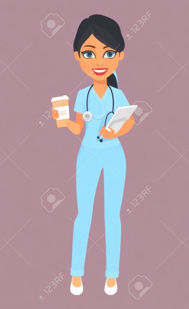 Lekarz medycyny kobieta trzyma kawę i dokumenty. medycyna, koncepcja opieki zdrowotnej. piękna postać z kreskówki. ilustracja wektorowa.