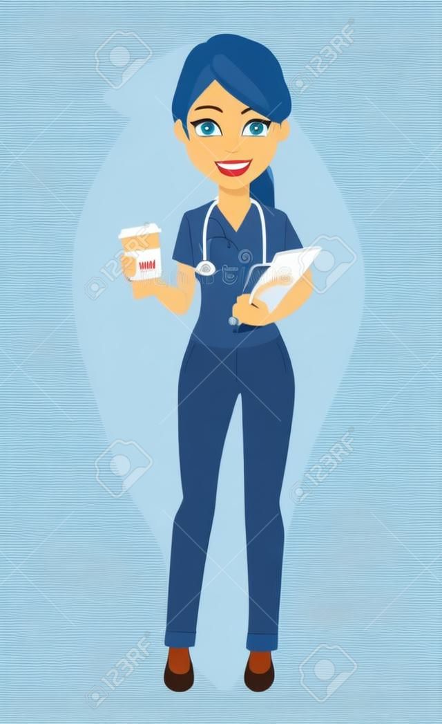 Medische arts vrouw met koffie en documenten. Geneeskunde, gezondheidszorg concept. Prachtige cartoon karakter. Vector illustratie.