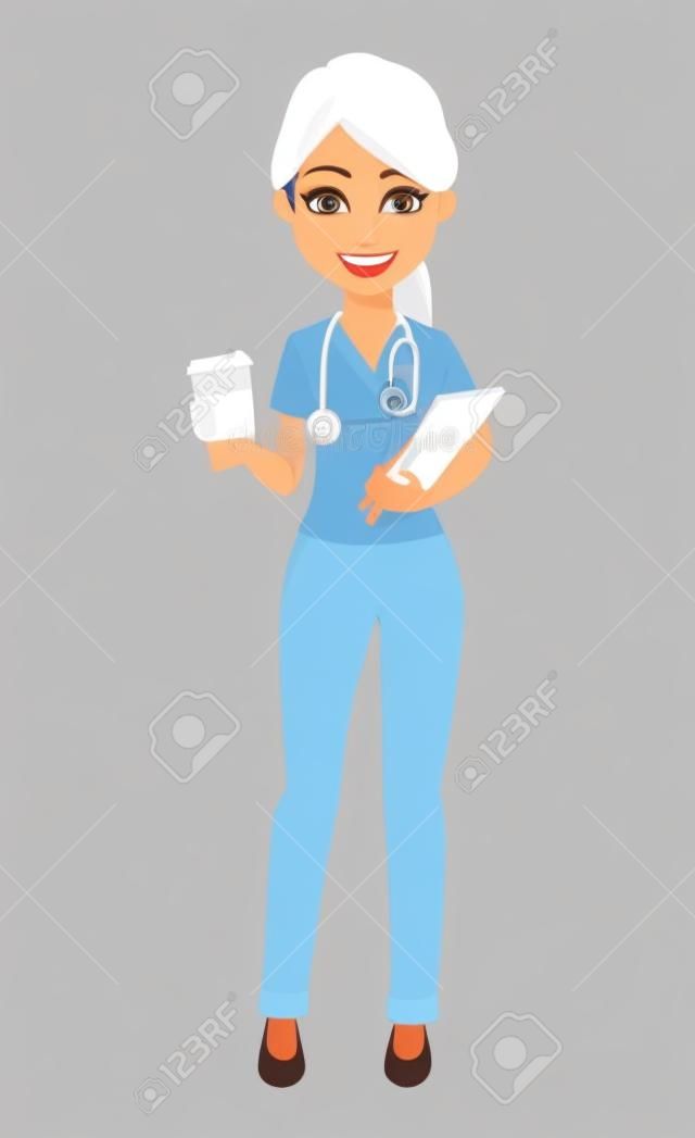 Medical doctor woman holding coffee and documents. Medicine, healthcare concept. Beautiful cartoon character. Vector illustration.