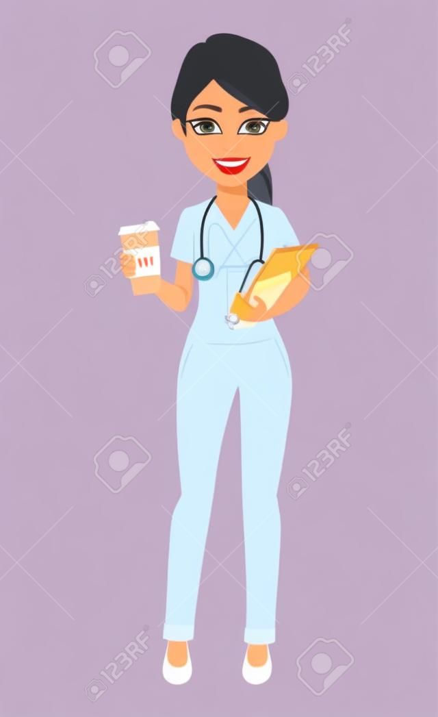 Medical doctor woman holding coffee and documents. Medicine, healthcare concept. Beautiful cartoon character. Vector illustration.