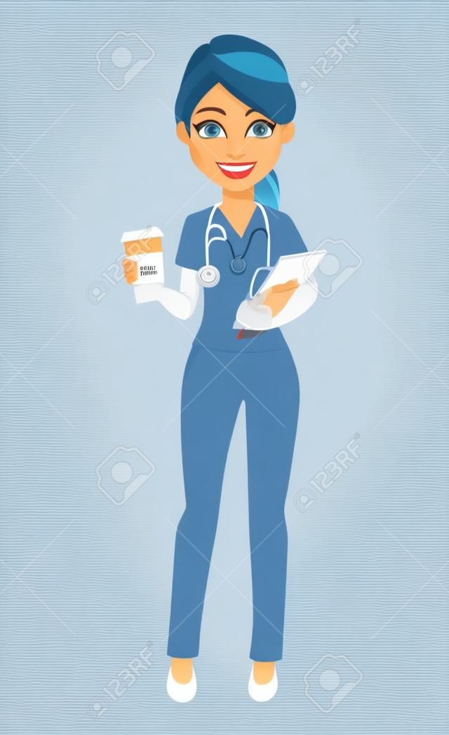 Arztfrau, die Kaffee und Dokumente hält. Medizin, Gesundheitskonzept. Schöne Zeichentrickfigur. Vektor-Illustration.