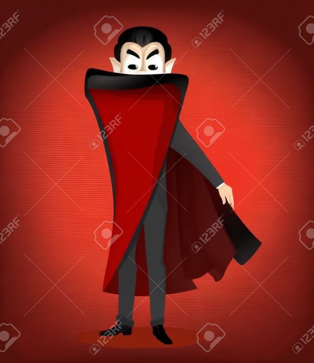 Felice Halloween. Il personaggio dei cartoni animati del vampiro in mantello rosso nasconde la sua faccia dietro il mantello. Illustrazione vettoriale su sfondo bianco