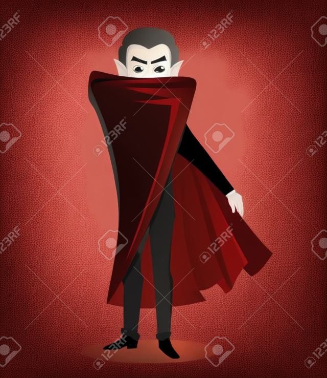Feliz Halloween. Personaje de dibujos animados de vampiro con capa roja oculta su rostro detrás de la capa. Ilustración vectorial sobre fondo blanco