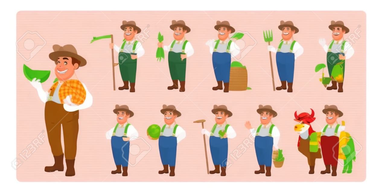 Farmer cartoon character. Cheerful farmer, set of eleven poses. Stock vector isolated on white