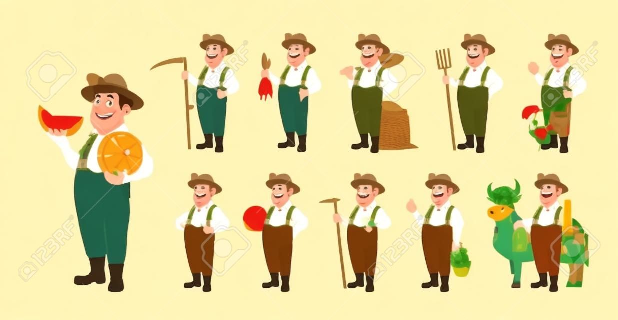 Farmer cartoon character. Cheerful farmer, set of eleven poses. Stock vector isolated on white