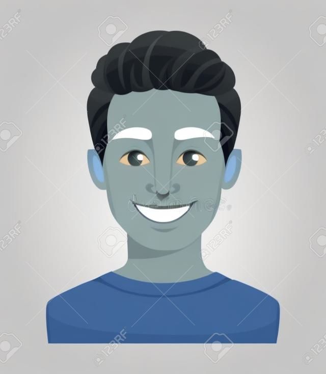 Expresión de la cara del joven apuesto, sonriendo. Emoción masculina. Avatar. Personaje animado. Ilustración de vector aislado sobre fondo blanco.
