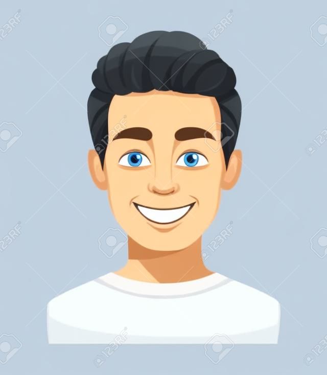 Face expression of handsome young man, smiling. Male emotion. Avatar. Cartoon character. Vector illustration isolated on white background.
