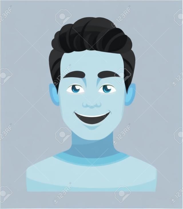 Expresión de la cara del joven apuesto, sonriendo. Emoción masculina. Avatar. Personaje animado. Ilustración de vector aislado sobre fondo blanco.