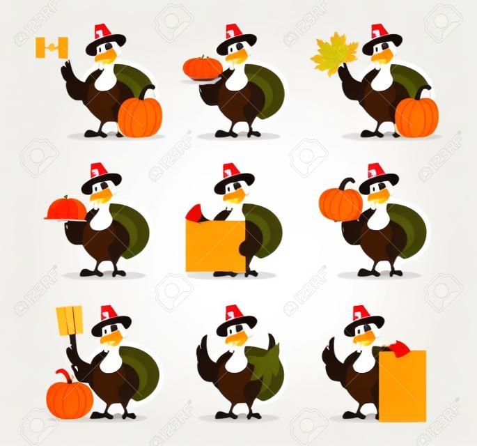 幸せな感謝祭の日。面白い感謝祭のトルコの鳥の漫画のキャラクター、9つのポーズのセット。白い背景のベクトル図
