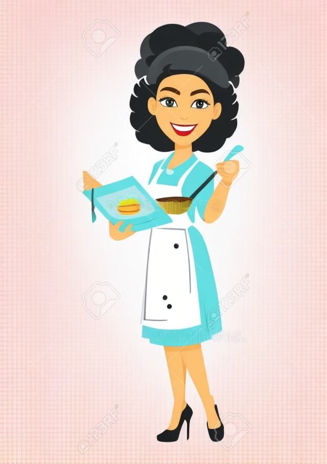 Chef vrouw met kookboek. Kok dame in professioneel uniform. Leuke cartoon karakter. Stock vector illustratie.