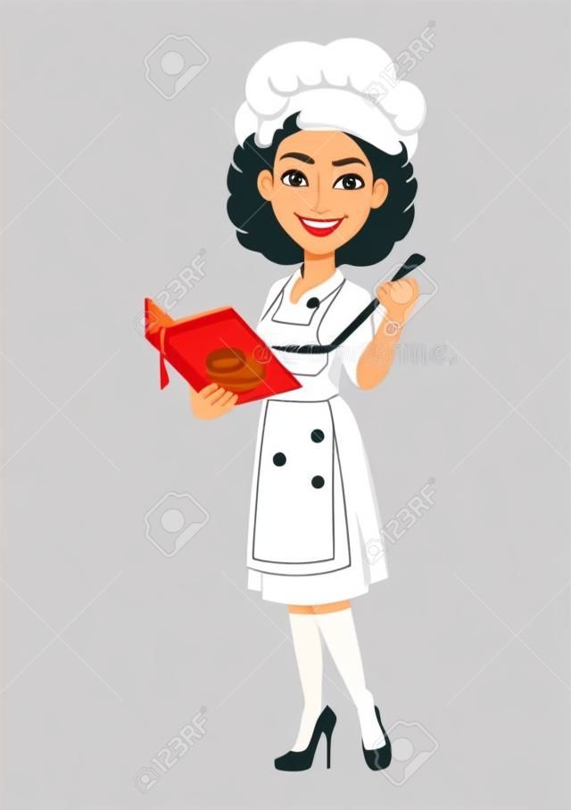 Chef vrouw met kookboek. Kok dame in professioneel uniform. Leuke cartoon karakter. Stock vector illustratie.