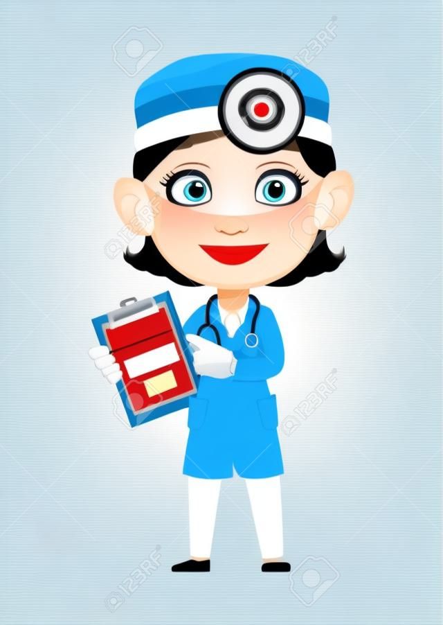 Doctor vrouw cartoon karakter. Prachtige vrouwelijke arts met klembord. Stock vector illustratie op witte achtergrond