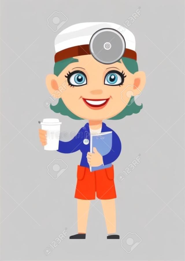Personaje de dibujos animados de mujer médico. Hermosa doctora tomando un café. Ilustración vectorial de stock sobre fondo blanco.