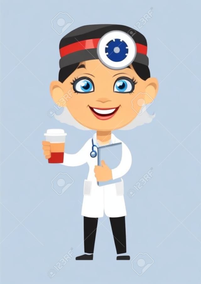 Personaggio dei cartoni animati della donna del dottore. Bella dottoressa che ha una pausa caffè. Stock illustrazione vettoriale su sfondo bianco