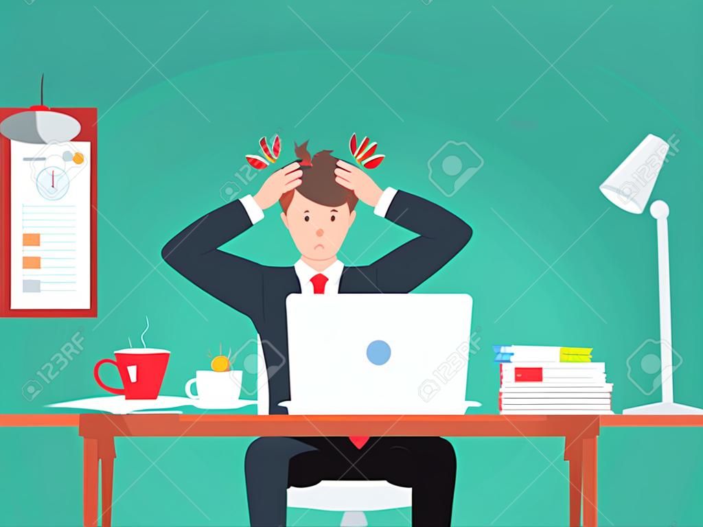Businessman working in the office. Flat vector illustration in cartoon style. Man have headache on work space. Employment working hard for career growth. Adult life Healthcare concept.