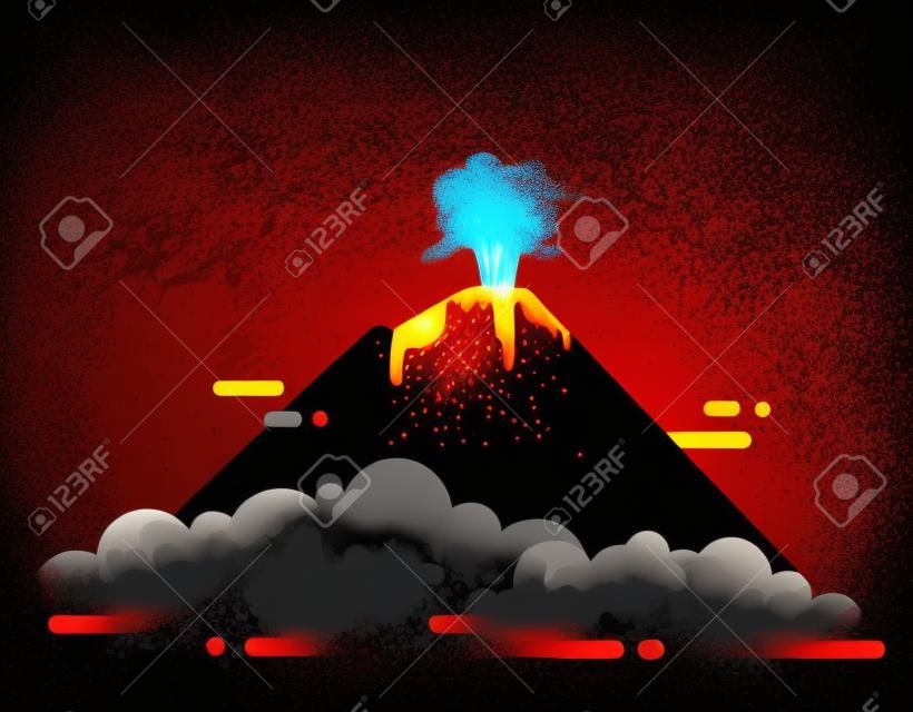 Illustration vectorielle plane d'éruption volcanique. Coulée de lave et de cendres. Concept d'exploration de la nature sauvage.