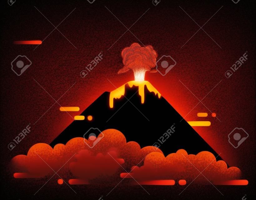 Vulkanausbruch flachbild Vector Illustration. Lava- und Aschefluss. Konzept zur Erkundung der wilden Natur.