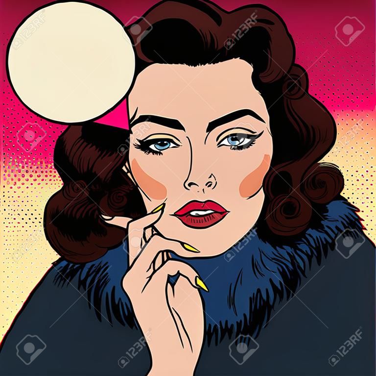 Beautiful Woman in Pop Art Comics Style. Dreaming about something. Vector illustration