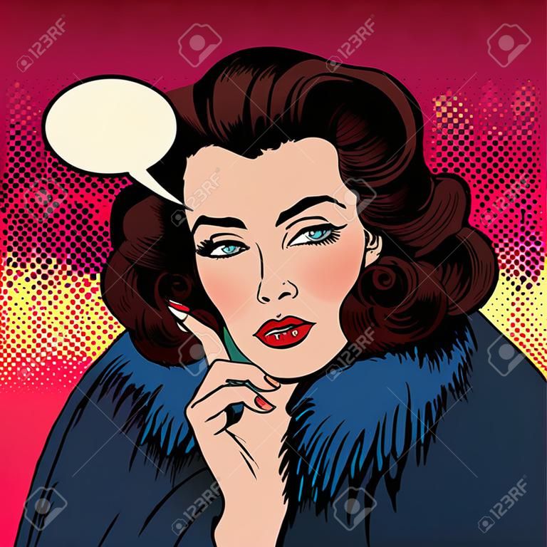 Beautiful Woman in Pop Art Comics Style. Dreaming about something. Vector illustration