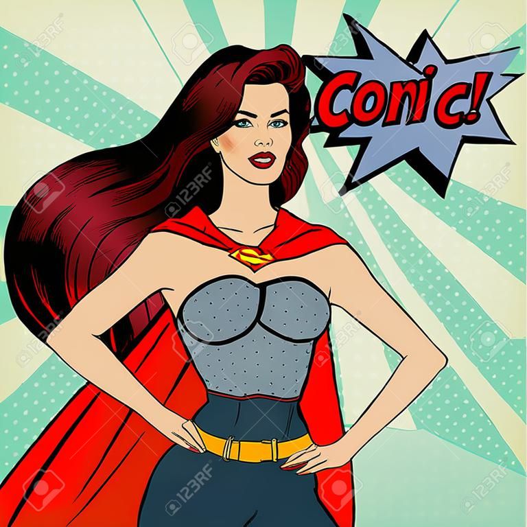 Superfrau. Weibliche Helden. Superheld. Mädchen in der Superheld-Kostüm. Pin Up Girl. Comic-Stil. Pop-Art. Vektor-Illustration