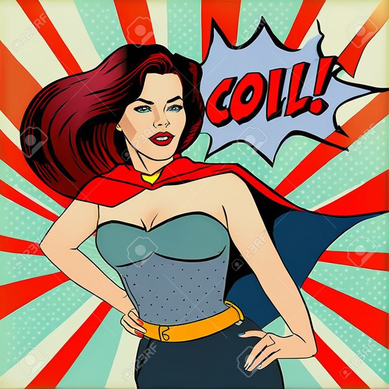 Super Woman. Female Hero. Superhero. Girl in Superhero Costume. Pin Up Girl. Comic Style. Pop Art. Vector illustration