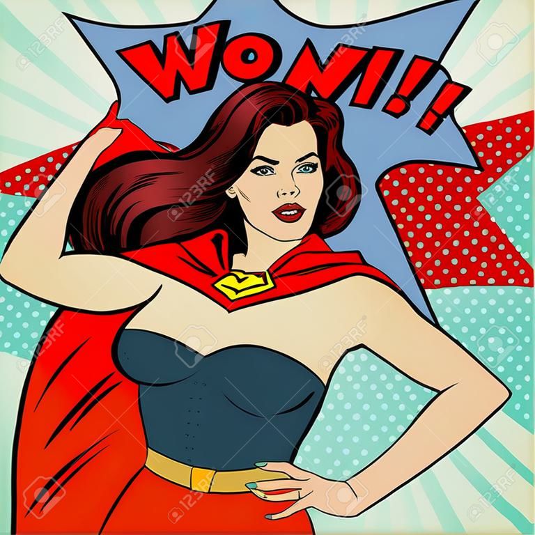 Super Woman. Female Hero. Superhero. Girl in Superhero Costume. Pin Up Girl. Comic Style. Pop Art. Vector illustration