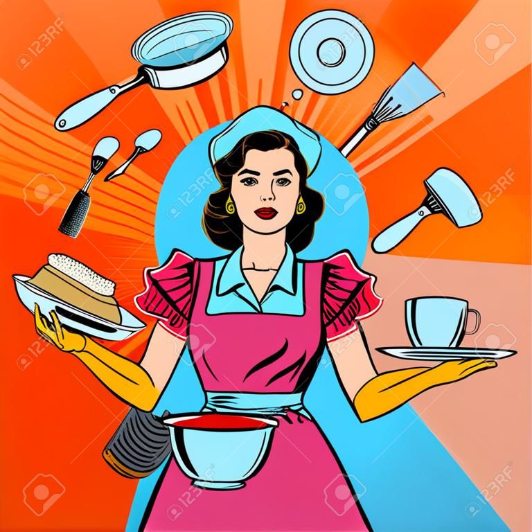 Succesvolle huisvrouw. Multitasking vrouw. Perfecte vrouw. Pop Art. Vector illustratie