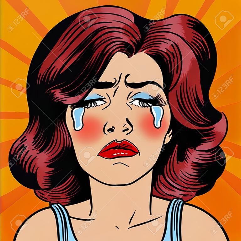 女性が泣いています。疲れの女性。うつ病の女性。芸術バナーをポップします。ベクトル図