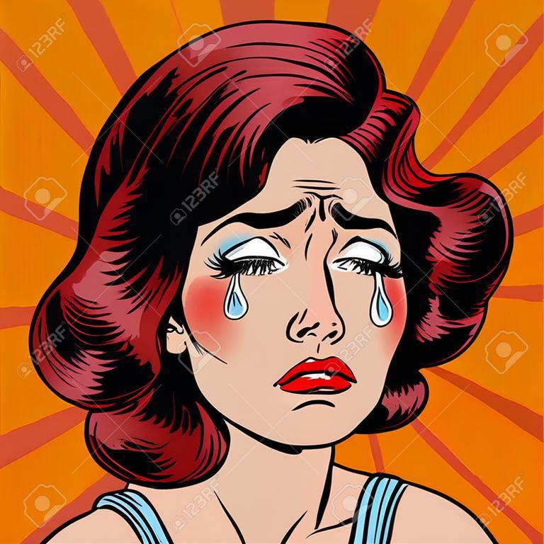 Woman Crying. Exhausted Woman. Woman in depression. Pop Art Banner. Vector illustration