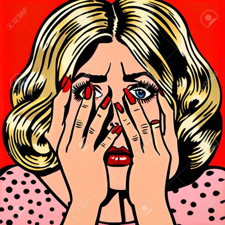 Mujer sorprendida. La mujer cierra los ojos con las manos. Arte pop. ilustración vectorial