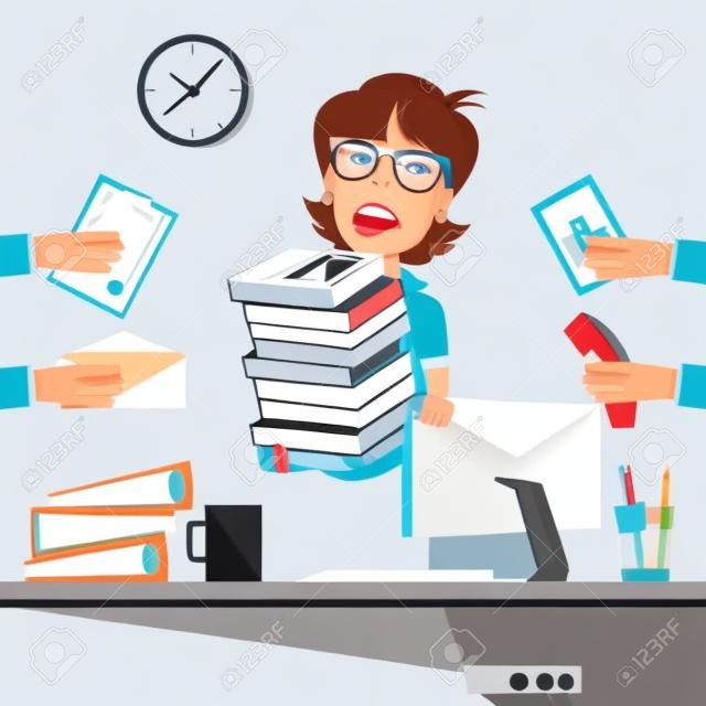 Stressed Business Woman with Documents in Office. Vector illustration