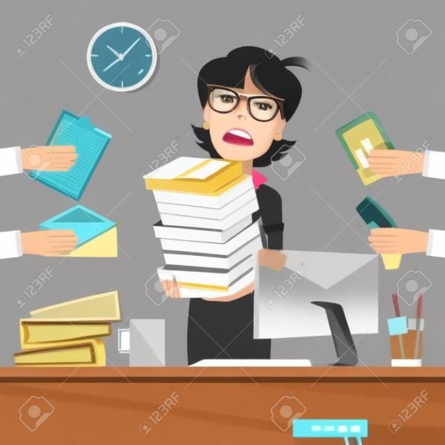 Stressed Business Woman with Documents in Office. Vector illustration
