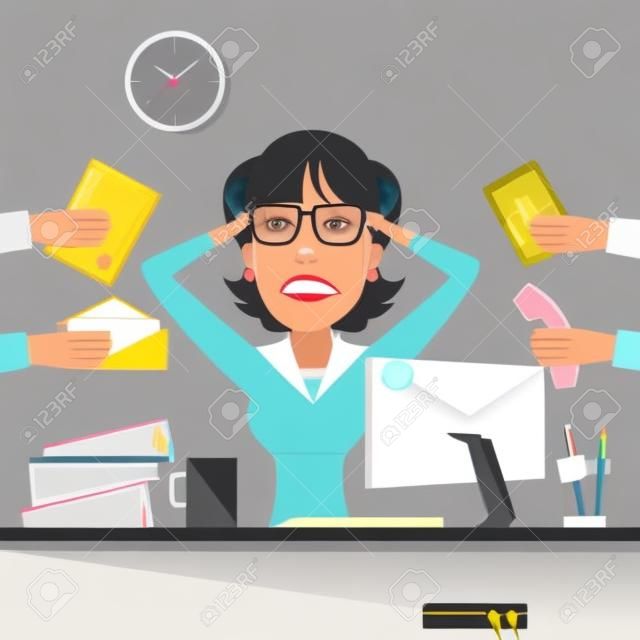 Wielozadaniowość Podkreślił biznesowych kobieta w biurze miejsce pracy. ilustracji wektorowych