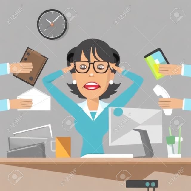 Multitasking Stressed Business Woman in Office Work Place. Vector illustratie
