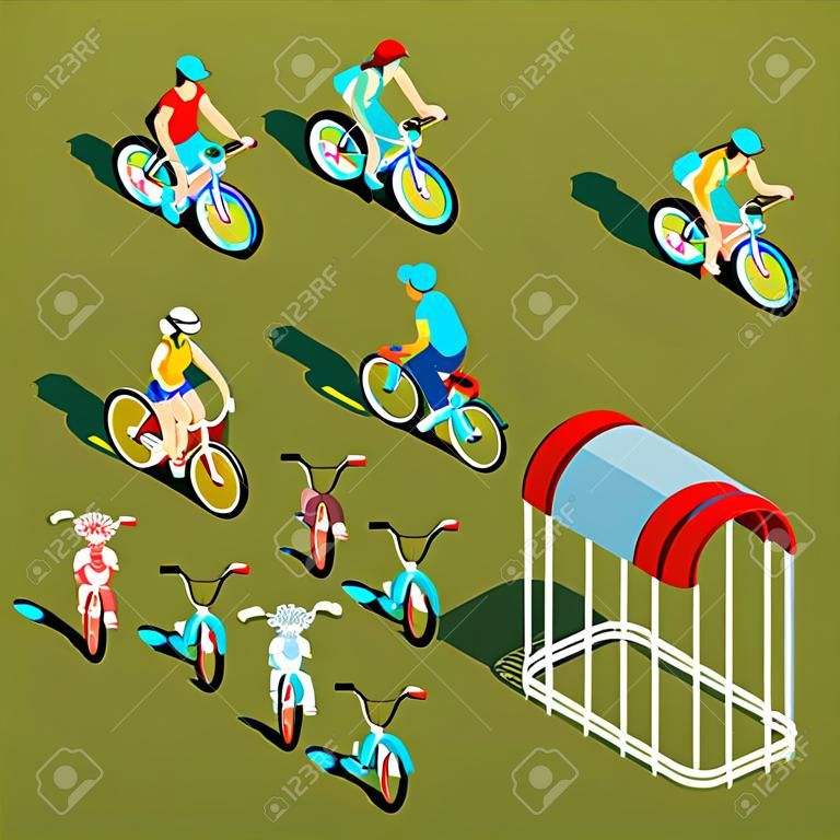 Izometrikus emberek kerékpárok. Városi kerékpár, családi kerékpár és Gyermek kerékpár. vektoros illusztráció