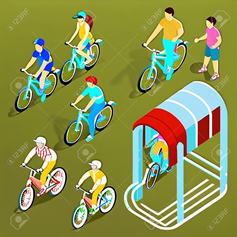 Izometrikus emberek kerékpárok. Városi kerékpár, családi kerékpár és Gyermek kerékpár. vektoros illusztráció