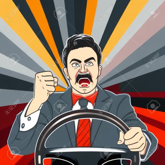 愤怒的司机男子展示他的拳头路愤怒流行艺术矢量插图