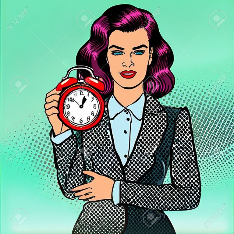 Pop Art Business Woman Holding Alarm Clock. Time to Work. Vector illustration