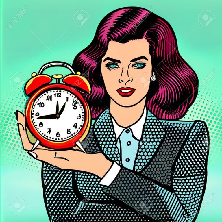Pop Art Business Woman Holding Alarm Clock. Time to Work. Vector illustration