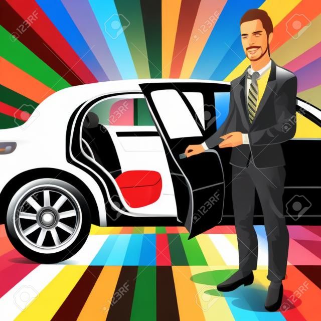 Driver Waiting ner Black Limousine. Chauffeur of Luxury Car. Pop Art vector illustration