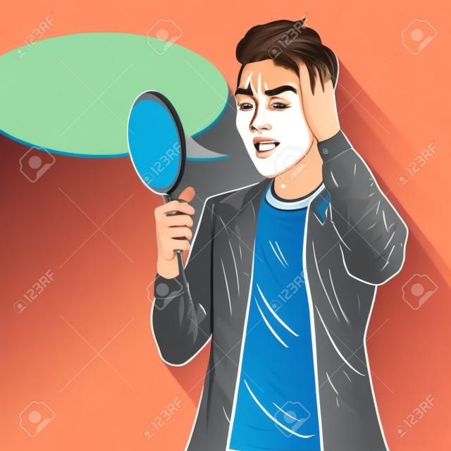 Teenager Boy Confused about the Pimples on his Face. Skin Care. Pop Art Vector illustration