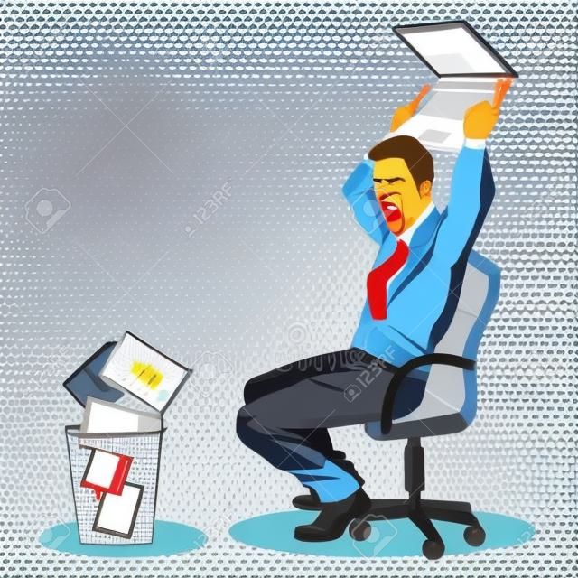 Pop Art Homem de negócios irritado lança laptop. Stress no trabalho do escritório. Ilustração vetorial