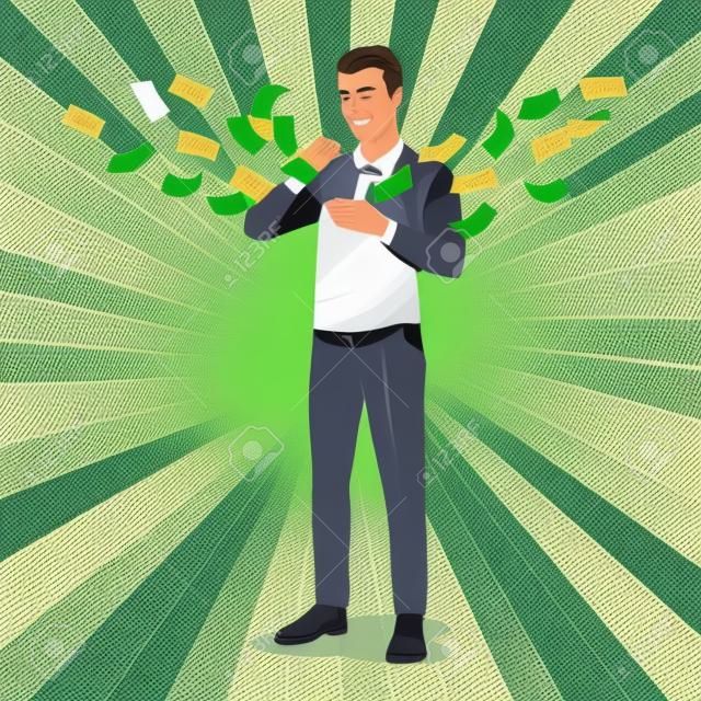 Pop Art Rich Man jetant des billets en dollars. Homme d'affaires prospère avec de l'argent. Illustration vectorielle