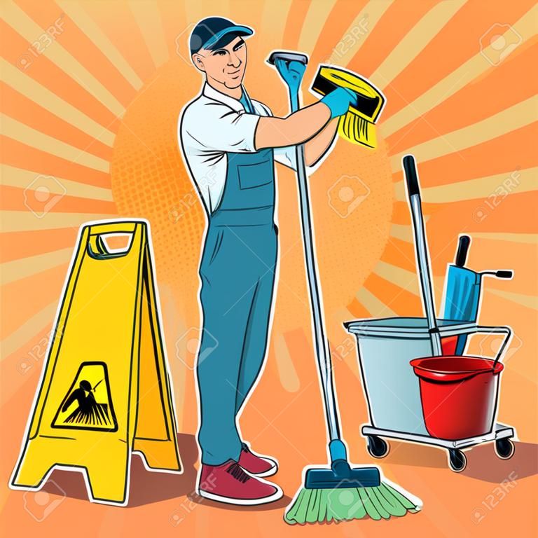 Pop Art Cleaner in Uniform with Mop. Cleaning Service Staff with Equipment. Vector illustration