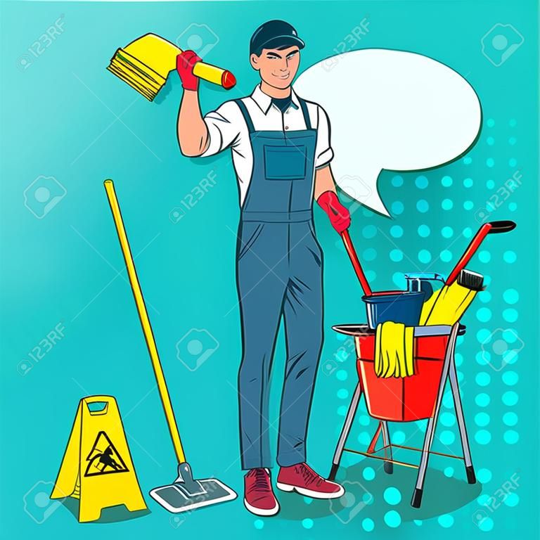 Pop Art Cleaner in uniforme con mop. Personale di servizio di pulizia con attrezzatura. Illustrazione vettoriale