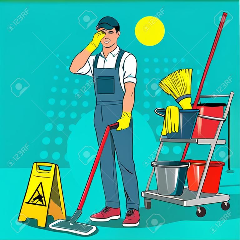 Pop Art Cleaner in uniforme con mop. Personale di servizio di pulizia con attrezzatura. Illustrazione vettoriale
