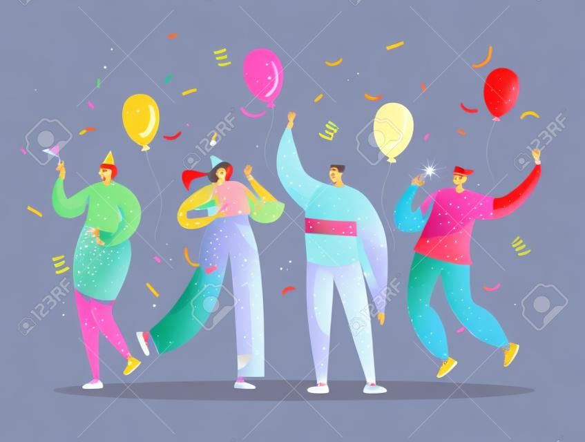 Gruppe fröhlicher Menschen, die Neujahr oder Geburtstagsfeier feiern. Mann- und Frauenfiguren in Hüten, die Spaß haben und mit Konfetti und Luftballons anstoßen. Vektor-Illustration