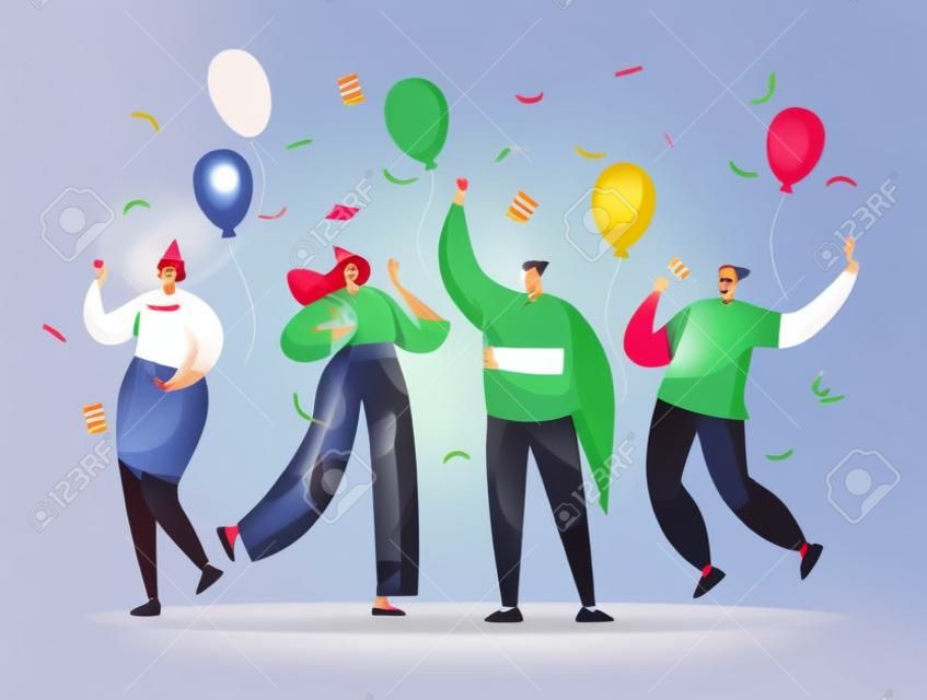 Gruppe fröhlicher Menschen, die Neujahr oder Geburtstagsfeier feiern. Mann- und Frauenfiguren in Hüten, die Spaß haben und mit Konfetti und Luftballons anstoßen. Vektor-Illustration