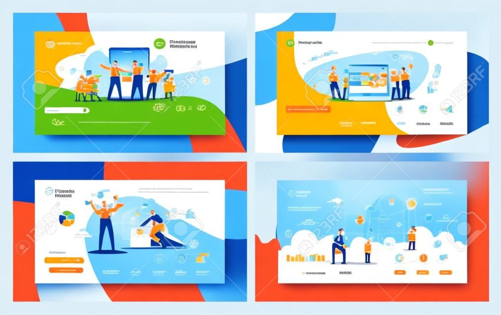 Business People Teamwork Innovation Landing Page Set. Creative Character Team Partnership to Increase Company Success Growth. Businessman Partner Concept for Web Page. Flat Cartoon Vector Illustration
