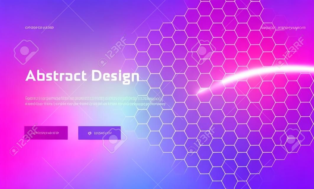 Fondo de página de destino de forma hexagonal geométrica abstracta púrpura. Patrón de gradiente de movimiento digital futurista. Elemento de fondo de neón suave creativo para la página web del sitio web. Ilustración de vector de dibujos animados plana
